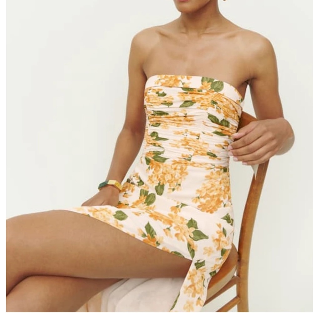 Reformation Strapless Dress in Cream with Orange Floral